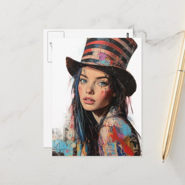 Woman in a Tophat Colorful Mixed Media Collage Postcard (Front/Back In Situ)