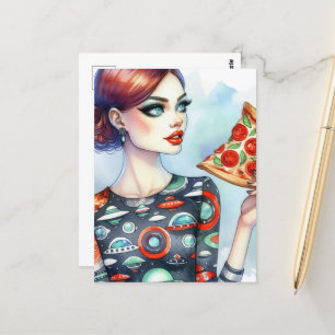 Woman in a UFO shirt with a big slice of pizza Postcard