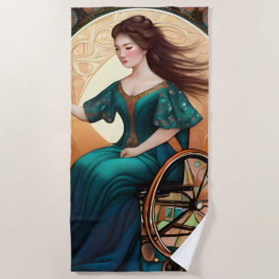 Woman in a wheelchair dances joyfully beach towel