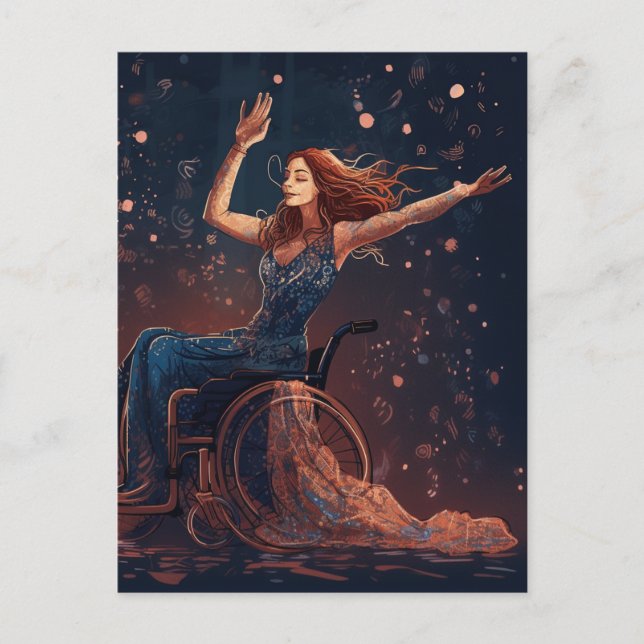 Woman in a wheelchair dances joyfully postcard (Front)