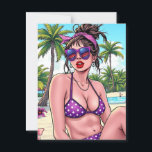 Woman in Bikini and Bandanna at Beach  Postcard<br><div class="desc">A postard you can frame or mail to a friend with a pretty pop art lady in a purple polka dot bikini,  sunglasses and bandanna on the beach in a tropical comic book style. Say hi to a friend or just keep it for yourself for the cute artwork!</div>