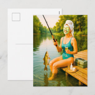 Woman in Bikini Fishing from Wooden Dock Holiday Postcard