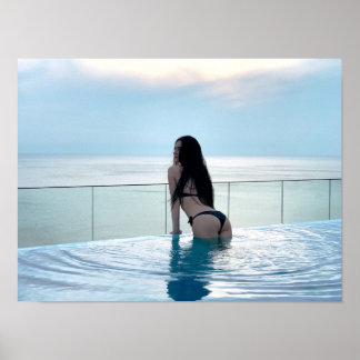 Woman in Black Bikini at Infinity Pool Ocean View Poster