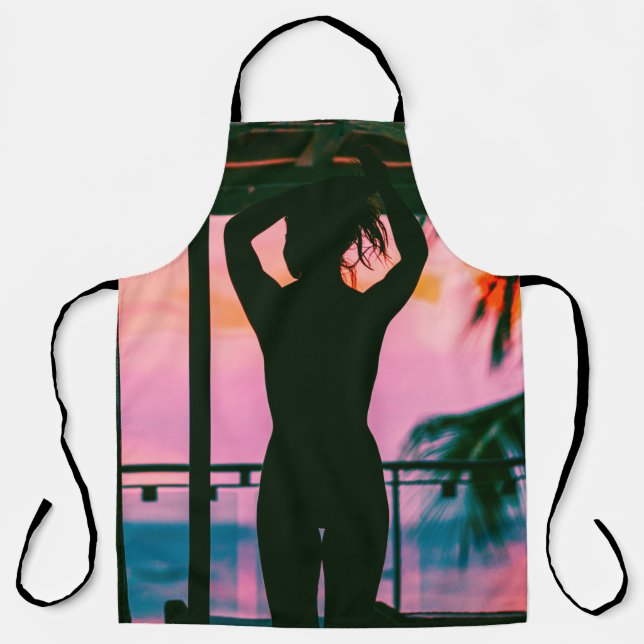 Woman in black tank top and pants standing on blac apron (Front)