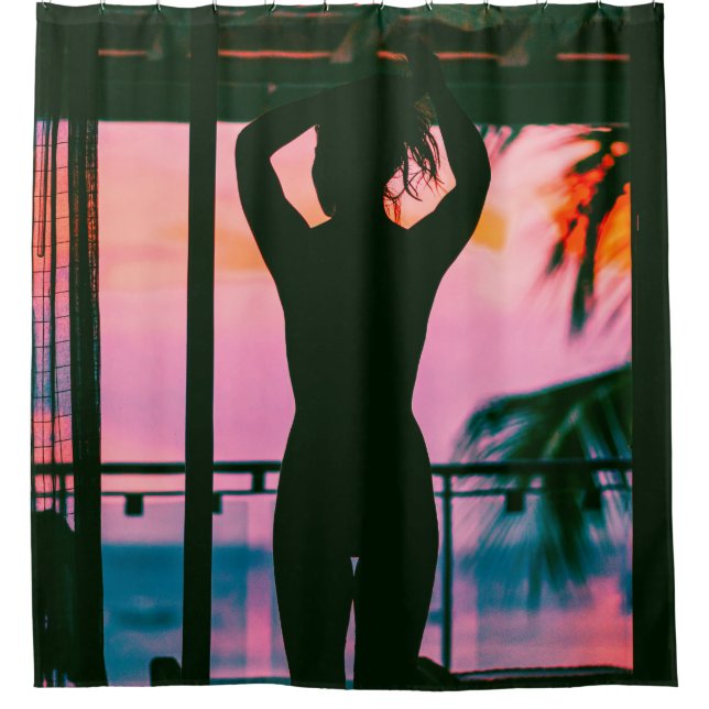 Woman in black tank top and pants standing on blac shower curtain (Front)