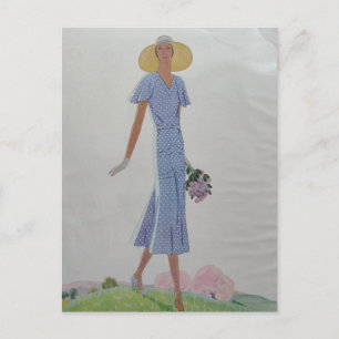 Woman in Blue and White Dress 1930s Fashion Postcard