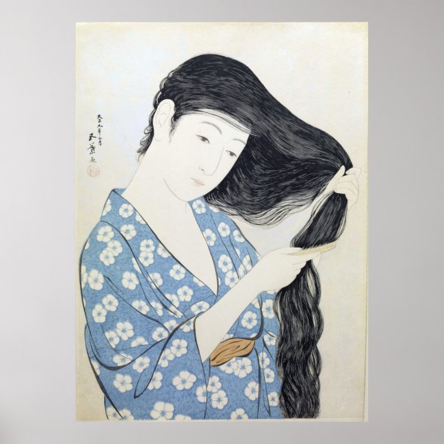 Woman in Blue Combing Her Hair, Japanese Art Poster (Front)
