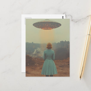 Woman in blue dress and a UFO Postcard