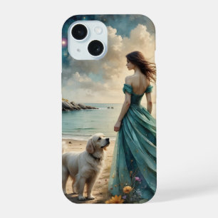 Woman in blue gown on beach with dog iPhone 15 case