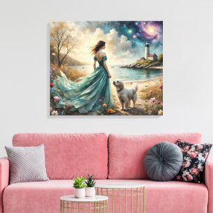 Woman in blue gown on beach with dog, lighthouse. canvas print