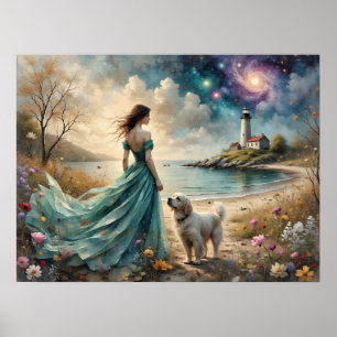 Woman in blue gown on beach with dog, lighthouse. poster