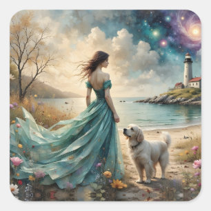 Woman in blue gown on beach with dog, lighthouse. square sticker