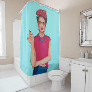 Woman in blue jeans oil painting shower curtain