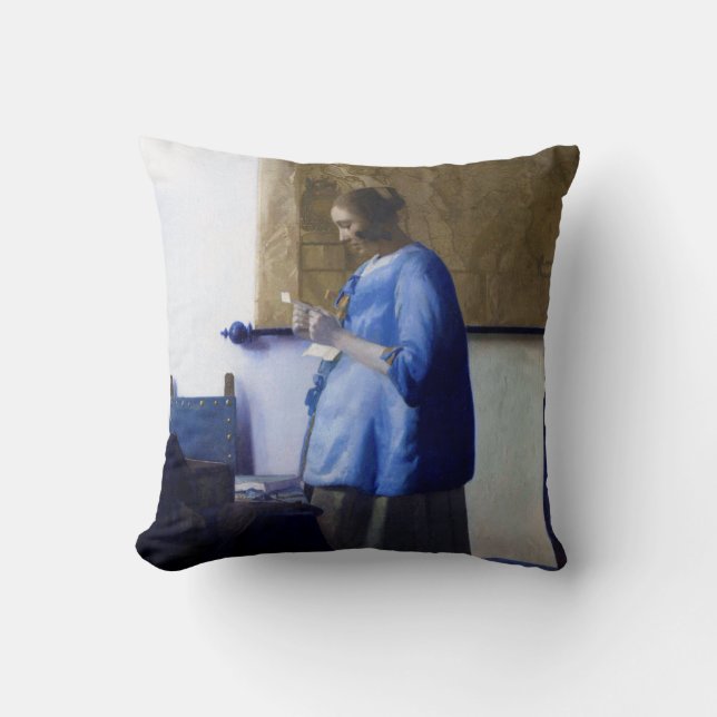Woman in Blue, Johannes Vermeer Cushion (Front)