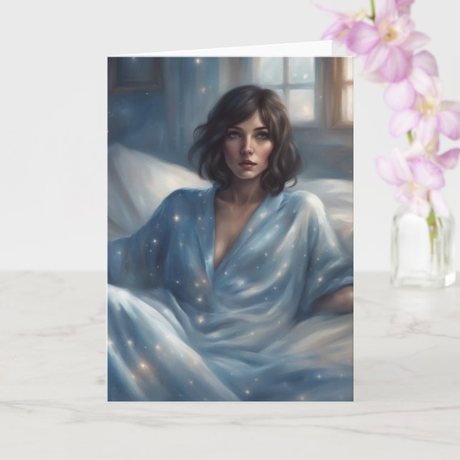 Woman in Blue Pyjamas blank Card (Orchid)