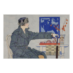 Woman in Cafe with Umbrella Vintage Painting Photo Print