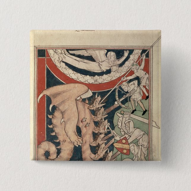 Woman in cloud above five men fighting 15 cm square badge (Front)