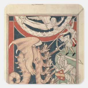 Woman in cloud above five men fighting square sticker
