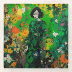 woman in colourful field glass coaster
