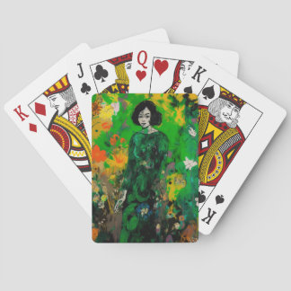 woman in colourful field playing cards