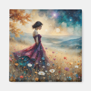 Woman in colourful gown on hill of flowers magnet
