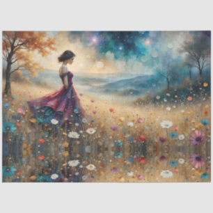 Woman in colourful gown on hill of flowers tissue paper