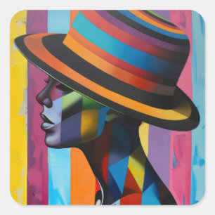 Woman in Colourful Hat 4 Striking silhouette Square Sticker