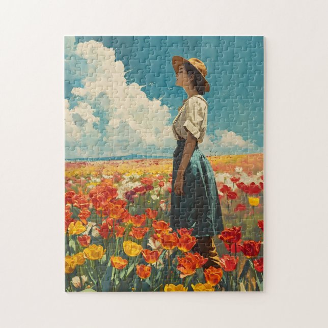 Woman in Colourful Tulip Field Vintage Jigsaw Puzzle (Vertical)
