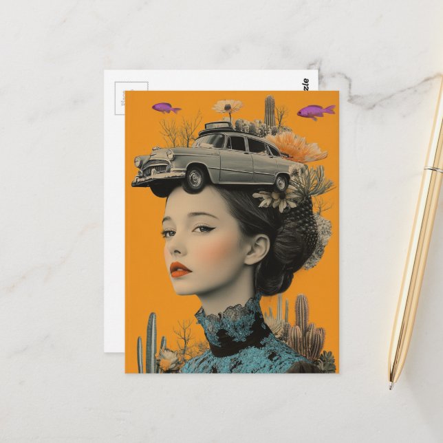 Woman in Desert with fish and car Surreal collage Postcard (Front/Back In Situ)