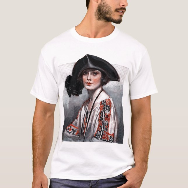 Woman in Embroidered Blouse T-Shirt (Front)