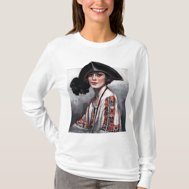 Woman in Embroidered Blouse T-Shirt (Front)