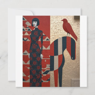 Woman in flowered dress, chequered horse & redbird