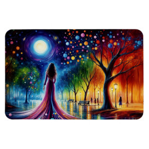 Woman in flowing gown walking in colourful forest magnet