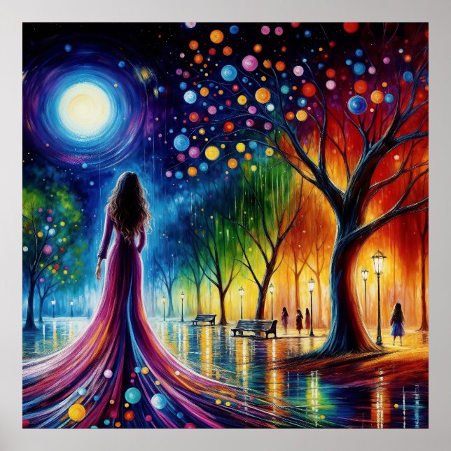 Woman in flowing gown walking in colourful forest poster (Front)