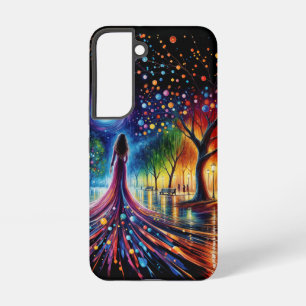 Woman in flowing gown walking in colourful forest samsung galaxy case