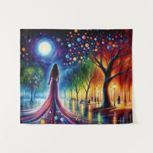 Woman in flowing gown walking in colourful forest tapestry