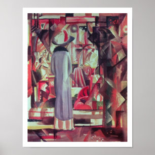 Woman in front of a large illuminated window poster