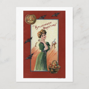 Woman in Green Dress Peeling Apple Postcard