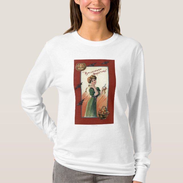 Woman in Green Dress Peeling Apple T-Shirt (Front)