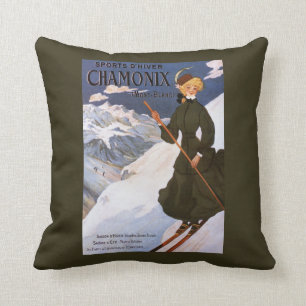 Woman in Green Skiing Poster Cushion