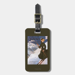 Woman in Green Skiing Poster Luggage Tag