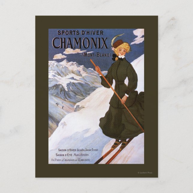 Woman in Green Skiing Poster Postcard (Front)