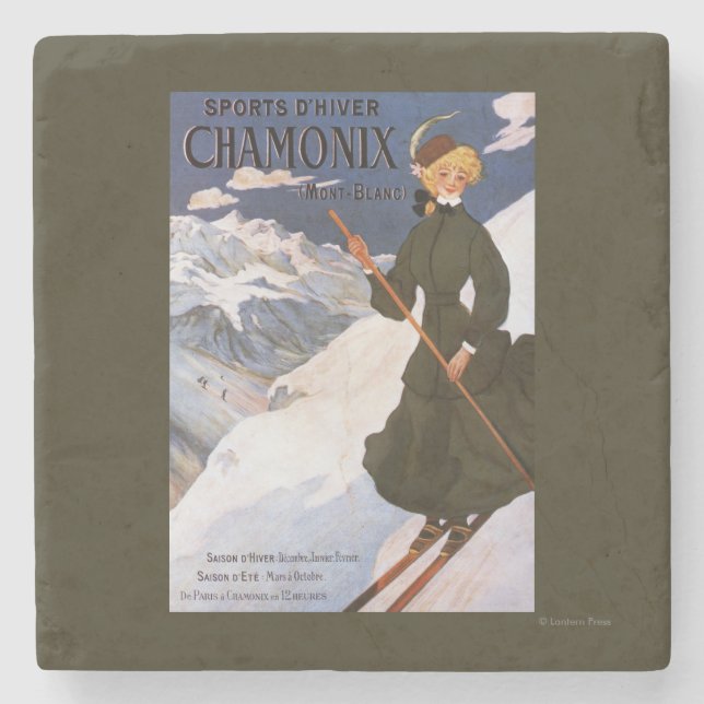 Woman in Green Skiing Poster Stone Coaster (Front)
