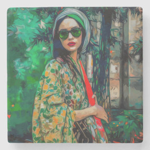 Woman in Green Sunglasses Stone Coaster