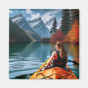 Woman in Kayak Floating down the Beautiful Lake Magnet