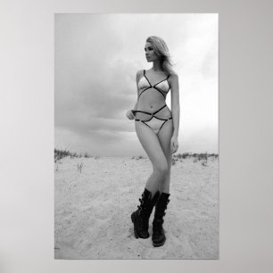Woman in light-colored underwear and leather boots poster