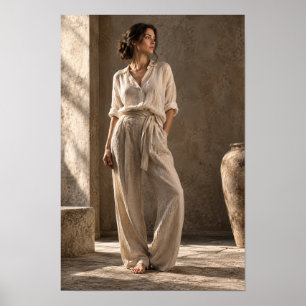 Woman in Neutral Linen Clothing Sunlit Interior Wa Poster