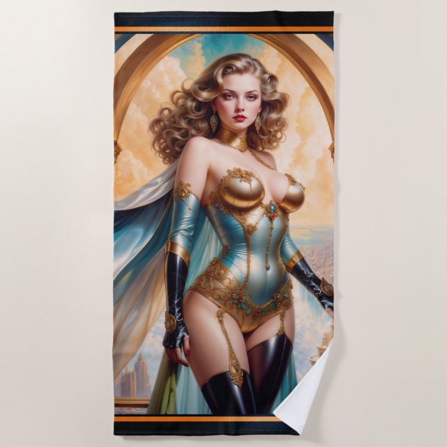 Woman In Opulent Gold Turquoise Attire by Xzendor7 Beach Towel (Front)
