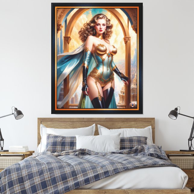 Woman In Opulent Gold Turquoise Attire by Xzendor7 Canvas Print (Insitu(Bedroom))