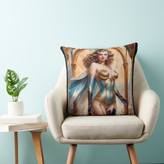 Woman In Opulent Gold Turquoise Attire by Xzendor7 Cushion